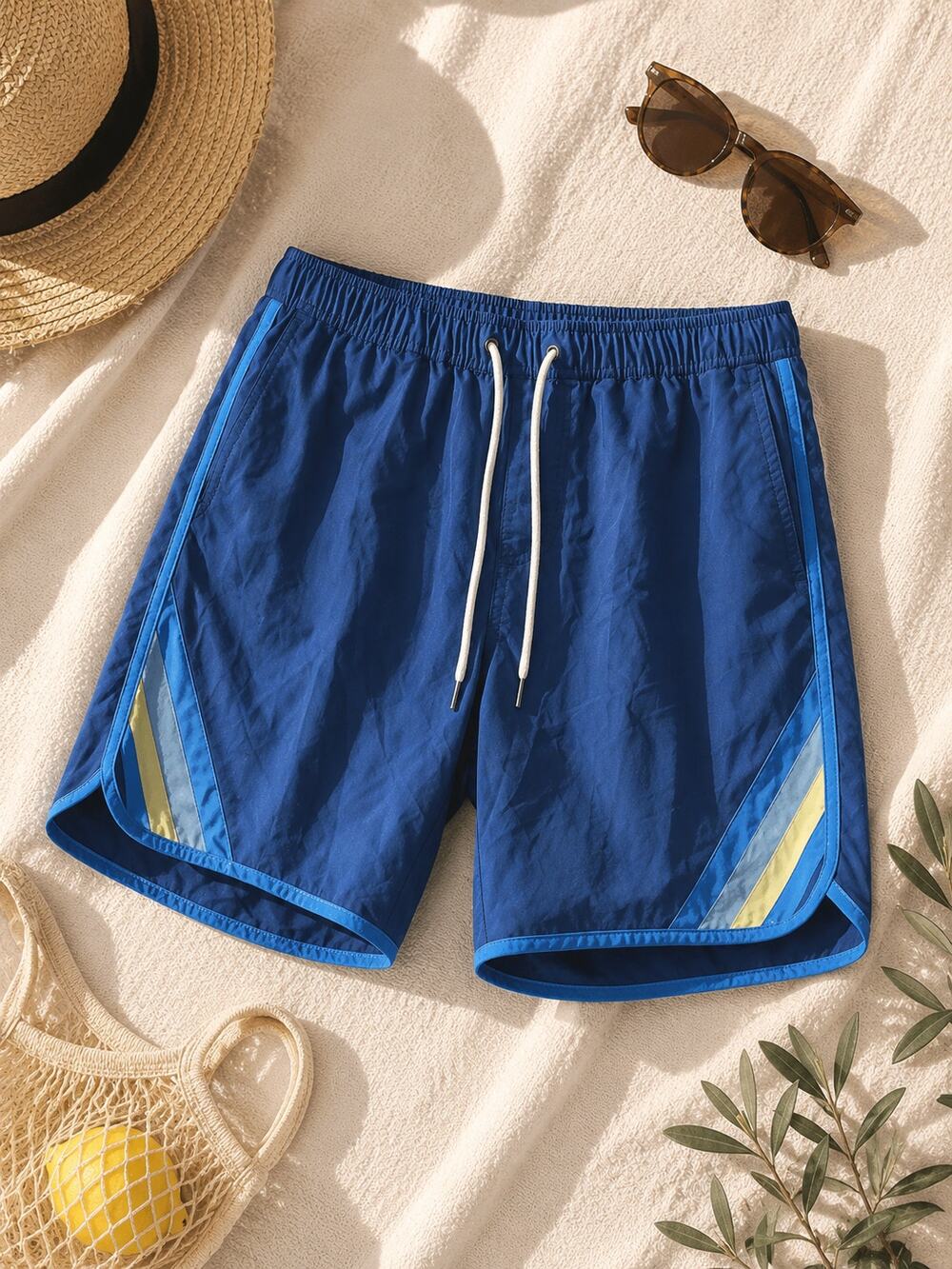 FAIR HARBOR Men's Lined 8" Swim Board Shorts Blue Anchor Retro Stripe Size L